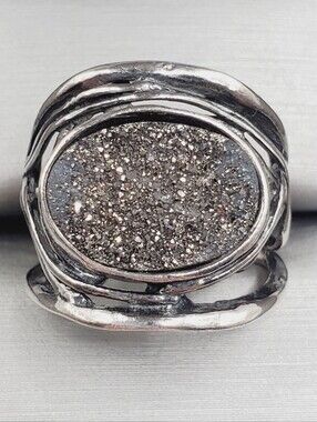 Silver Druzy Quartz Oval Statement Ring - 925 Sterling Silver Sparkle